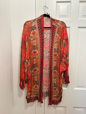 ANTHROPOLOGIE Boho Floral Open Front Kimono Caftan in Vibrant Coral